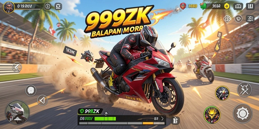 Tampilan gameplay seru di 999ZK dengan balapan motor yang mendebarkan.