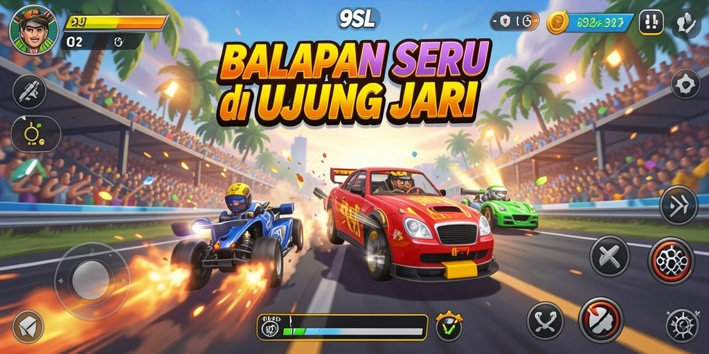 Screenshot utama 9SL menampilkan aksi balapan mendebarkan dengan grafis yang memukau.
