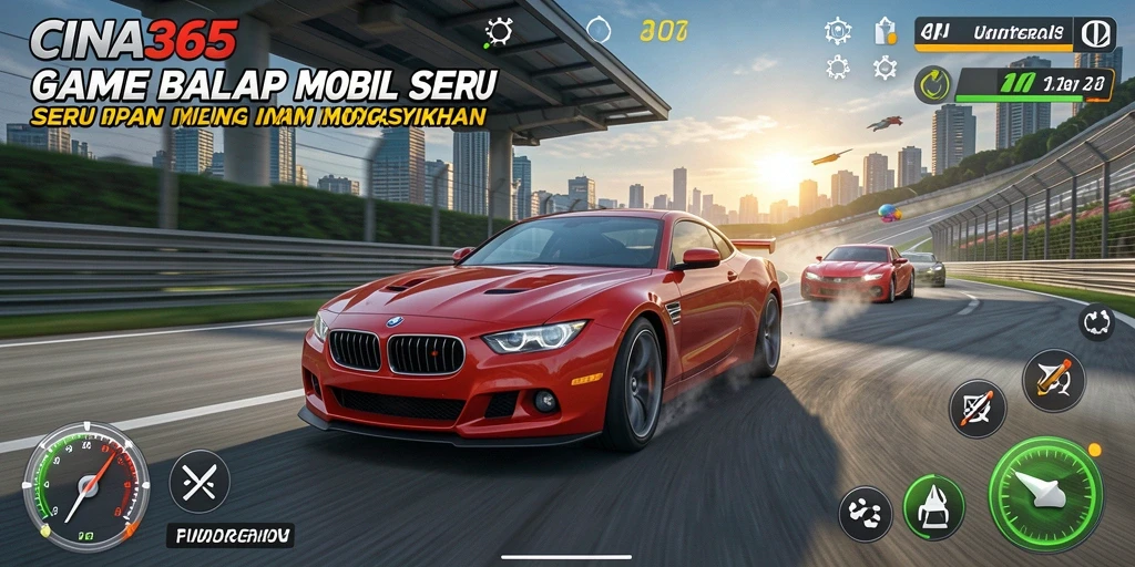 Screenshot gameplay CINA365 dengan mobil balap yang mengebut di lintasan.