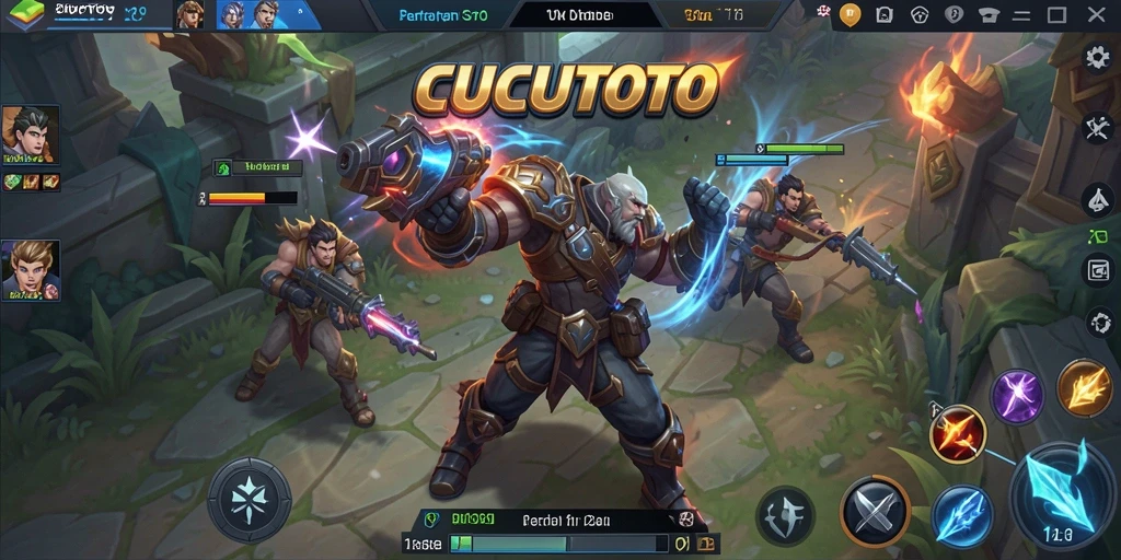 Tampilan gameplay menarik dalam CUCUTOTO dengan pertarungan MOBA yang mendebarkan.