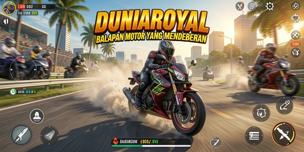 Screenshot gameplay DUNIAROYAL menampilkan adegan balapan yang mendebarkan.