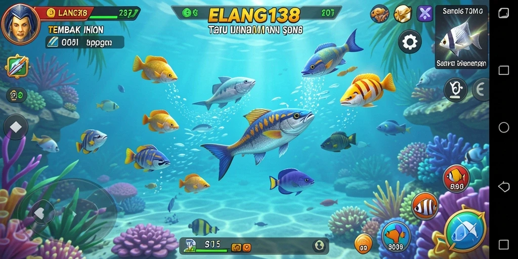 Screenshot utama ELANG138 menampilkan aksi menembak ikan di lautan.