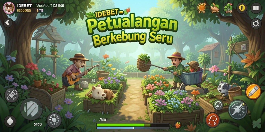 Tampilan gameplay IDEBET yang menampilkan kebun nan indah dan beragam tanaman.