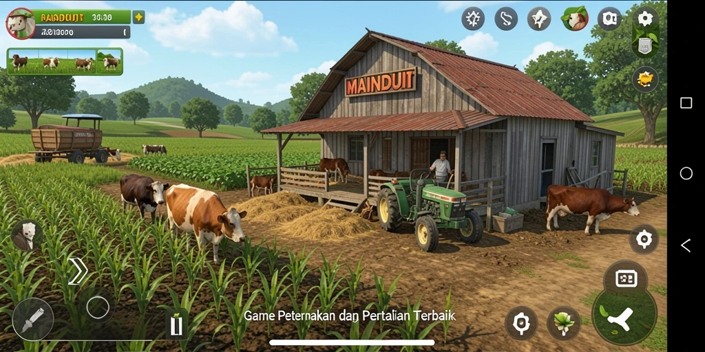 Tampilan gameplay seru di <strong>MAINDUIT</strong> dengan aktivitas pertanian dan peternakan.