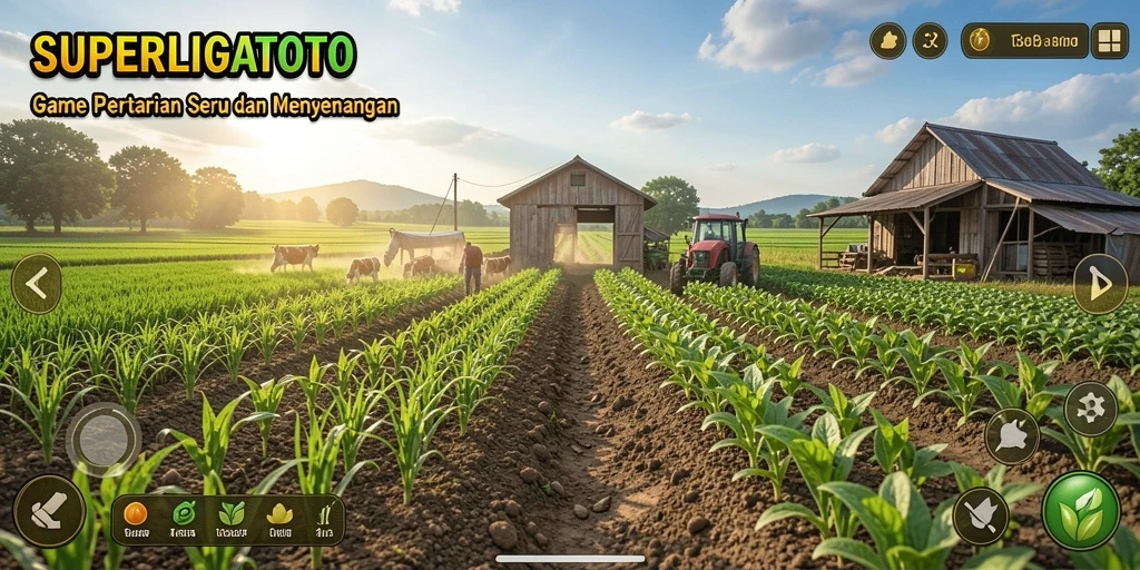 Tampilan gameplay menarik dari SUPERLIGATOTO dengan ladang yang indah.