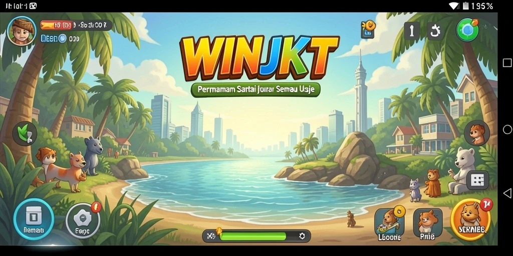 Tampilan gameplay WINJKT yang ceria dan penuh warna.